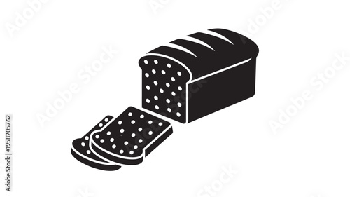 Loaf of sliced white bread with isometric perspective in a black and white vector graphic style featuring toast, sandwich, food with bakery and baked