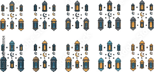 Ramadan Lantern Pattern Set with Crescent Moon and Stars Seamless Islamic Decorative Background Vector Illustration Collection
