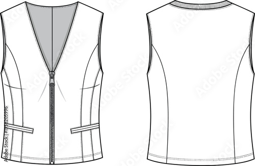 Women V Neck Zip Up Vest Technical Flat Sketch Front and Back View Fashion CAD Mockup for Apparel Design Template