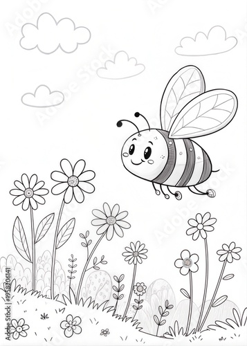 A cute bee flying over a field of flowers, its wings fluttering, outlined simply in black, drawn as an outline sketch, only black lines, no colors, simple and clean for a children's coloring book.