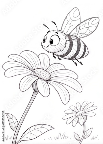 A cute bee landing on a flower petal, outlined simply in black, drawn as an outline sketch, only black lines, no colors, simple and clean for a children's coloring book.