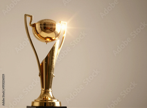 Golden trophy cup isolated on elegant beige background with sparkling light