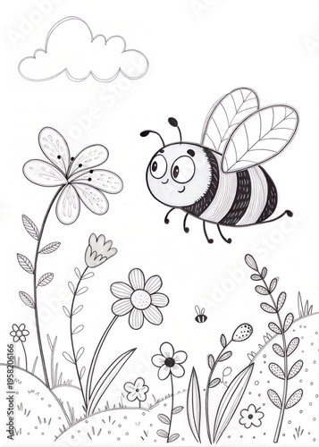 A cute bee buzzing around a garden, its wings blurred in motion, outlined in black, drawn as an outline sketch, only black lines, no colors, simple and clean for a children's coloring book.