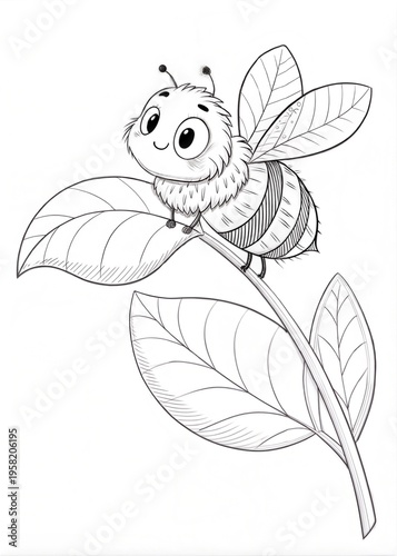 A cute bee resting on a leaf, its wings still, outlined simply in black, drawn as an outline sketch, only black lines, no colors, simple and clean for a children's coloring book.