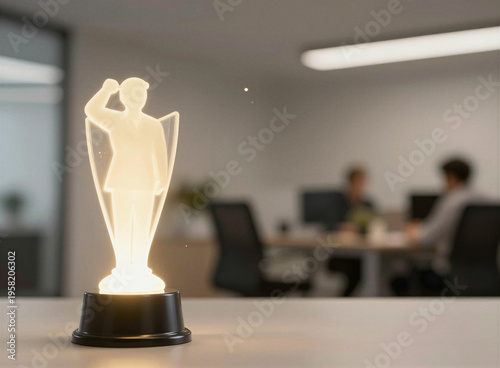 Glowing award trophy in modern office background for success and achievement concept