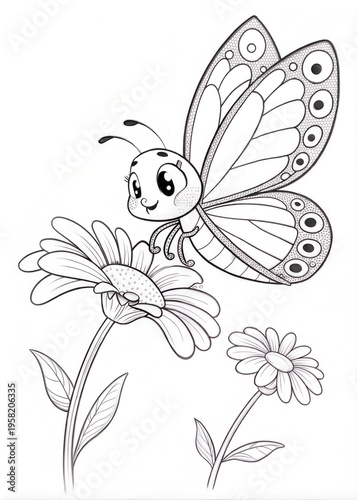 A cute butterfly with detailed wings, sitting still on a flower, outlined in black, drawn as an outline sketch, only black lines, no colors, simple and clean for a children's coloring book.