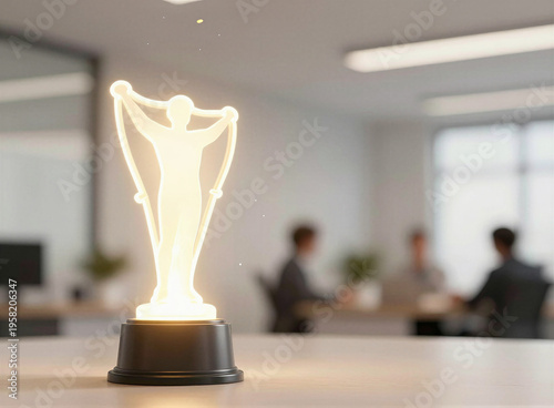 Glowing award trophy in modern office background for success and achievement concept