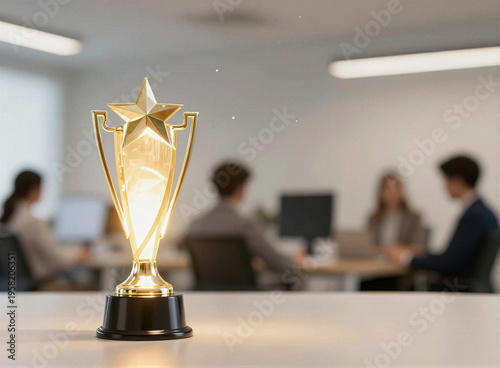 Glowing award trophy in modern office background for success and achievement concept