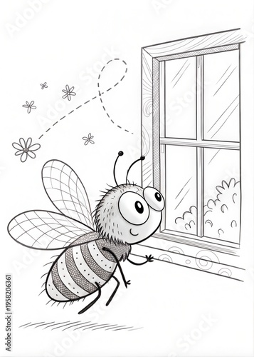 A cute fly buzzing near a window, its tiny wings vibrating, outlined simply in black, drawn as an outline sketch, only black lines, no colors, simple and clean for a children's coloring book.
