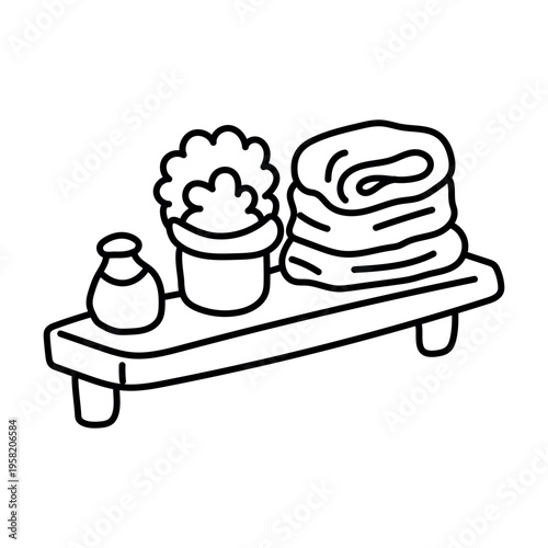 Bathroom shelf with towels and sponge doodle vector coloring page line art image