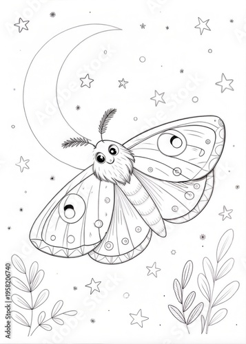 A cute moth flying through a moonlit night, outlined in black, drawn as an outline sketch, only black lines, no colors, simple and clean for a children's coloring book.