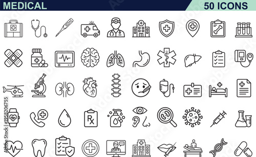 A comprehensive collection of fifty diverse medical and healthcare themed black line art icons Vector, illustration