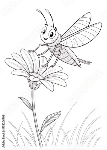 A cute grasshopper perched on a flower, its wings spread wide, outlined simply in black, drawn as an outline sketch, only black lines, no colors, simple and clean for a children's coloring book.