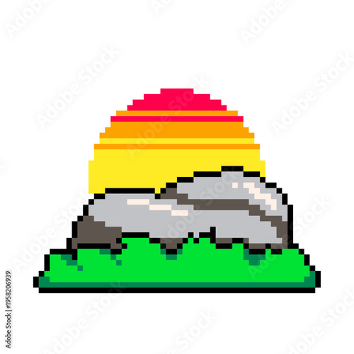Stone and Sunset, Pixel Art Decoration Icon, Isolated