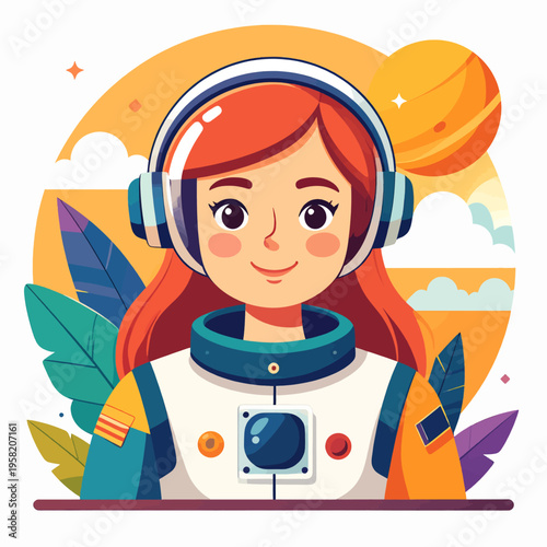 Cartoon Astronaut Girl with Red Hair and Space Suit Illustration.
