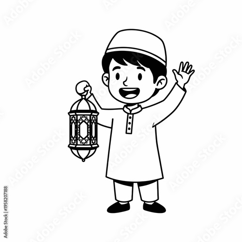 Cute Muslim Boy Holding Ramadan Lantern Waving Hand.