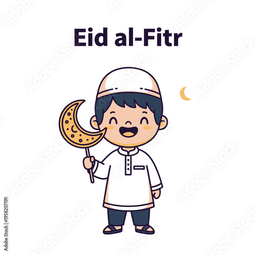 Cute Muslim Boy Holding Crescent Moon Symbol Celebrating Eid alFitr.