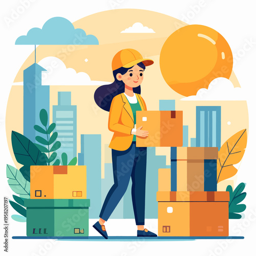 Delivery Woman Carrying Boxes in City.