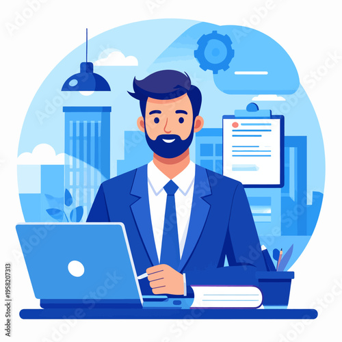 Focused Businessman Working on Laptop in Modern Office Setting.