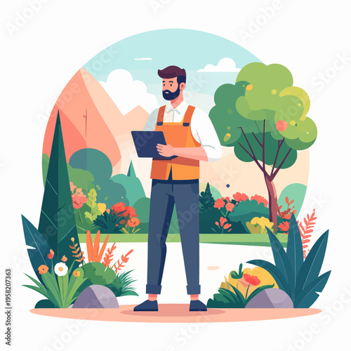 Gardener Inspecting Garden with Tablet, Landscaping Professional, Garden Design.