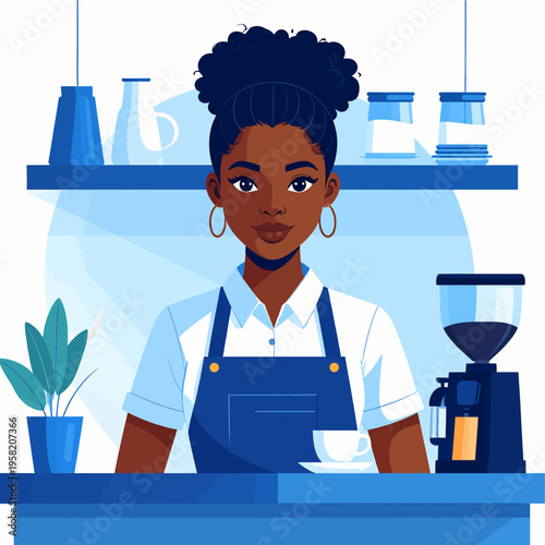 Illustration of a Black Woman Barista in a Coffee Shop.