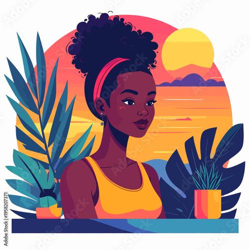 Illustration of a serene African woman with natural hair.