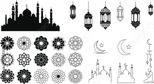 Islamic Icon Set with Mosque Silhouette, Ramadan Lanterns, Crescent Moon, Prayer, and Geometric Mandala Ornaments Vector Illustration Collection