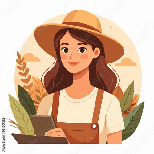 Illustration of a woman farmer using a smartphone in an agricultural setting.