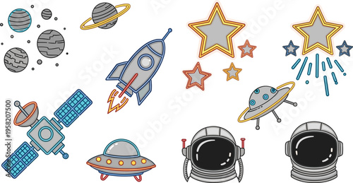 Space Cartoon Icon Set with Rocket, Planets, Satellite, UFO, Stars, and Astronaut Helmet Cute Sci Fi Vector Illustration Collection