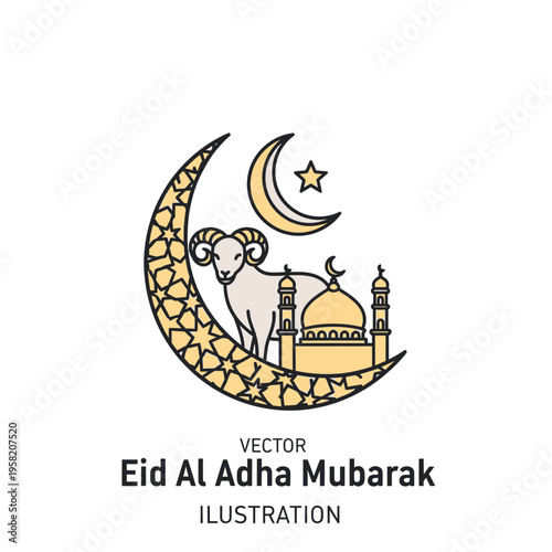 Eid Al Adha Mubarak illustration with sheep and mosque.