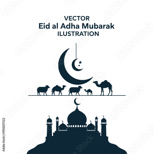 Eid al Adha Mubarak Celebration with Mosque and Camels.