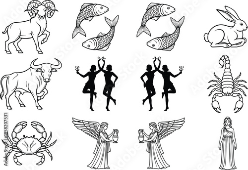 Zodiac signs illustration set with animals and symbolic figures, astrology icons collection including Aries, Taurus, Pisces, Gemini, Cancer and more isolated