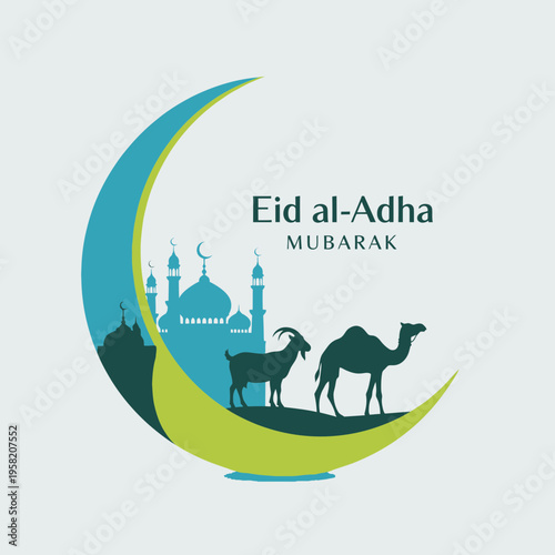 Eid alAdha Mubarak Crescent Moon with Camel and Goat.