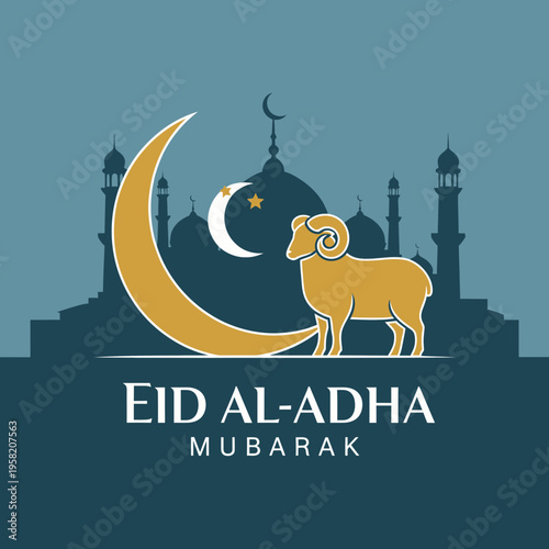 Eid alAdha Mubarak greeting with sheep crescent moon and mosque silhouette.