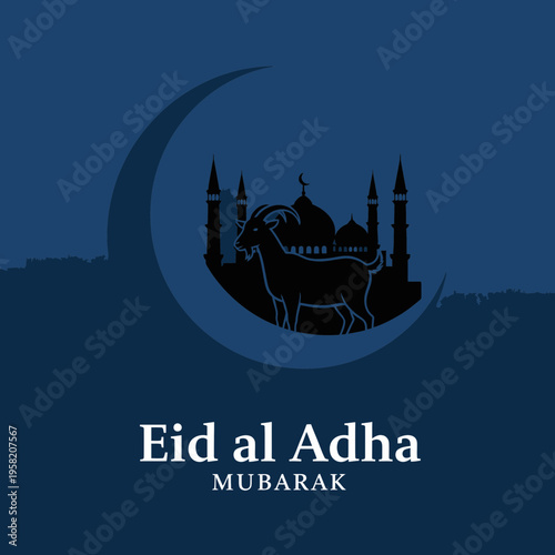 Eid al Adha Mubarak Islamic Festival Goat Mosque Crescent Moon.