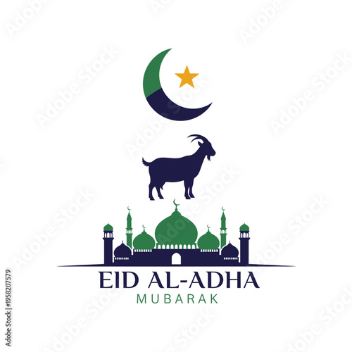 Eid AlAdha Mubarak Islamic Celebration Goat Mosque Crescent Moon.