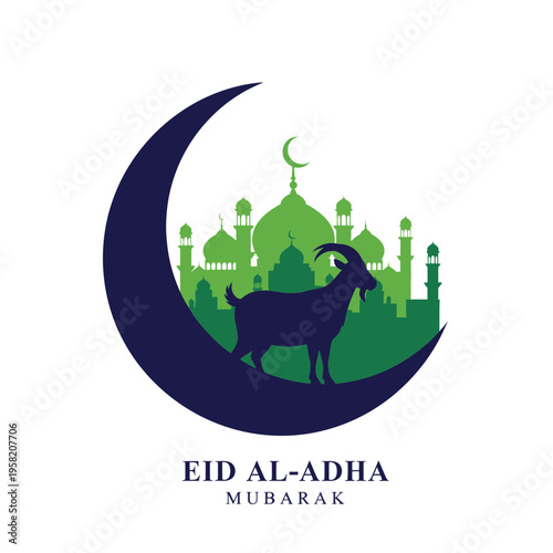 Eid alAdha Mubarak celebration with mosque and goat silhouette.