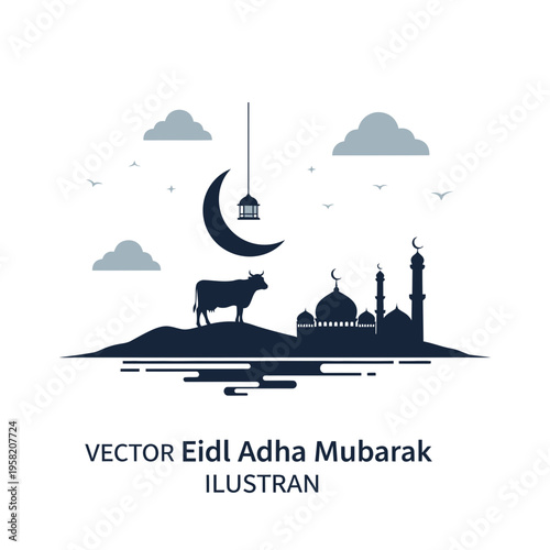 Eid alAdha Mubarak celebration with mosque cow and crescent moon.