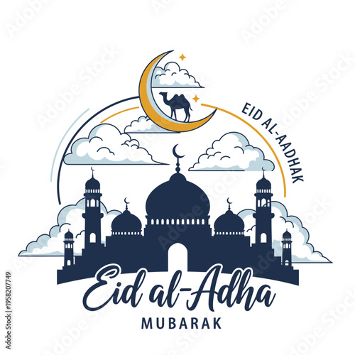 Eid alAdha Mubarak celebration with mosque crescent moon and camel.