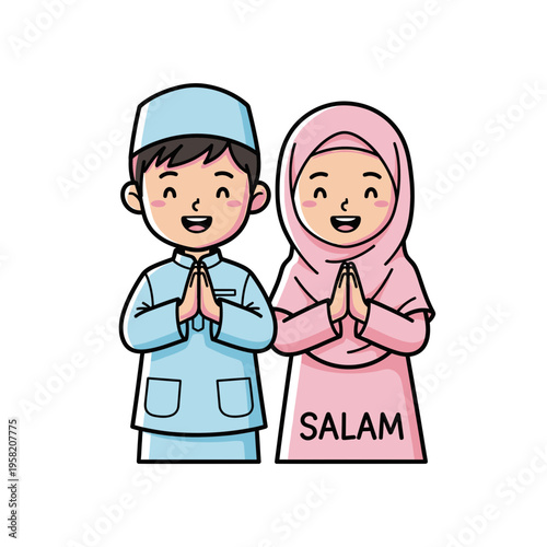 Happy Muslim Children Greeting with Salam.