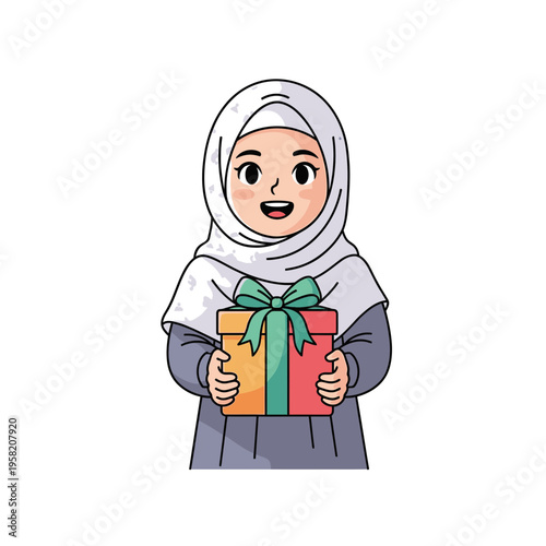 Happy Muslim girl in hijab holding a colorful gift box.