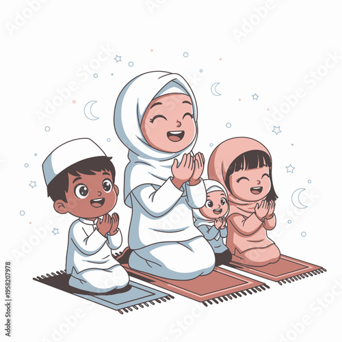 Muslim family praying together on prayer mats a mother teaching her children about faith and devotion.
