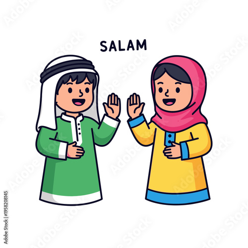 Two cartoon children saying salam with hands raised.
