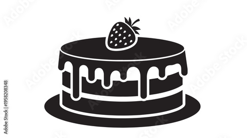 Cake icon with dripping frosting and strawberry topping on a plate, rendered in a simple black silhouette style for design.