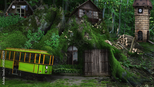 Fairytale wild village with houses and transport.