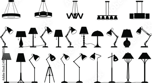 Assorted lamp silhouettes with ceiling lights, desk lamps, floor lamps, modern and traditional designs, adjustable fixtures, stylish interior lighting decor inspiration