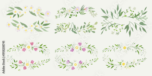 Floral arrangements and wreaths with delicate white pink and green botanicals