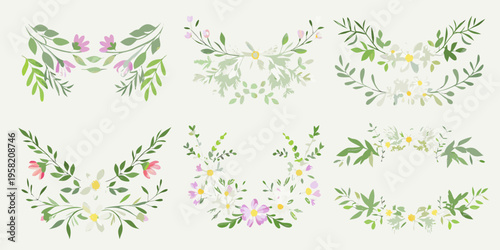 Floral arrangements and botanical wreaths in delicate watercolor style