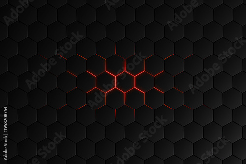 Dark Hexagonal Pattern with Red Glow Center, Abstract Tech Background