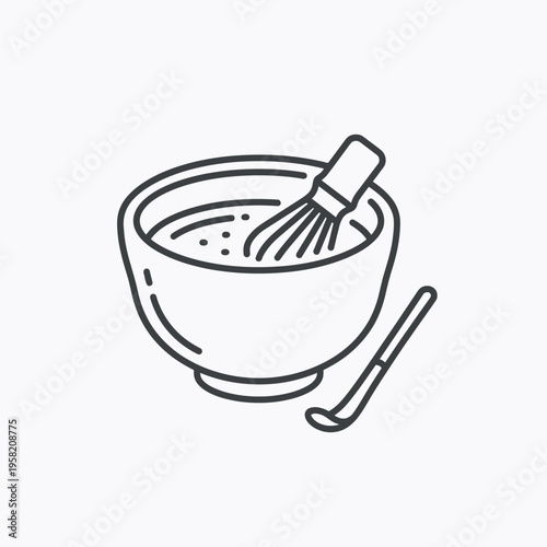 Matcha bowl (chawan) icon, Japanese tea ceremony style, minimal outline vector